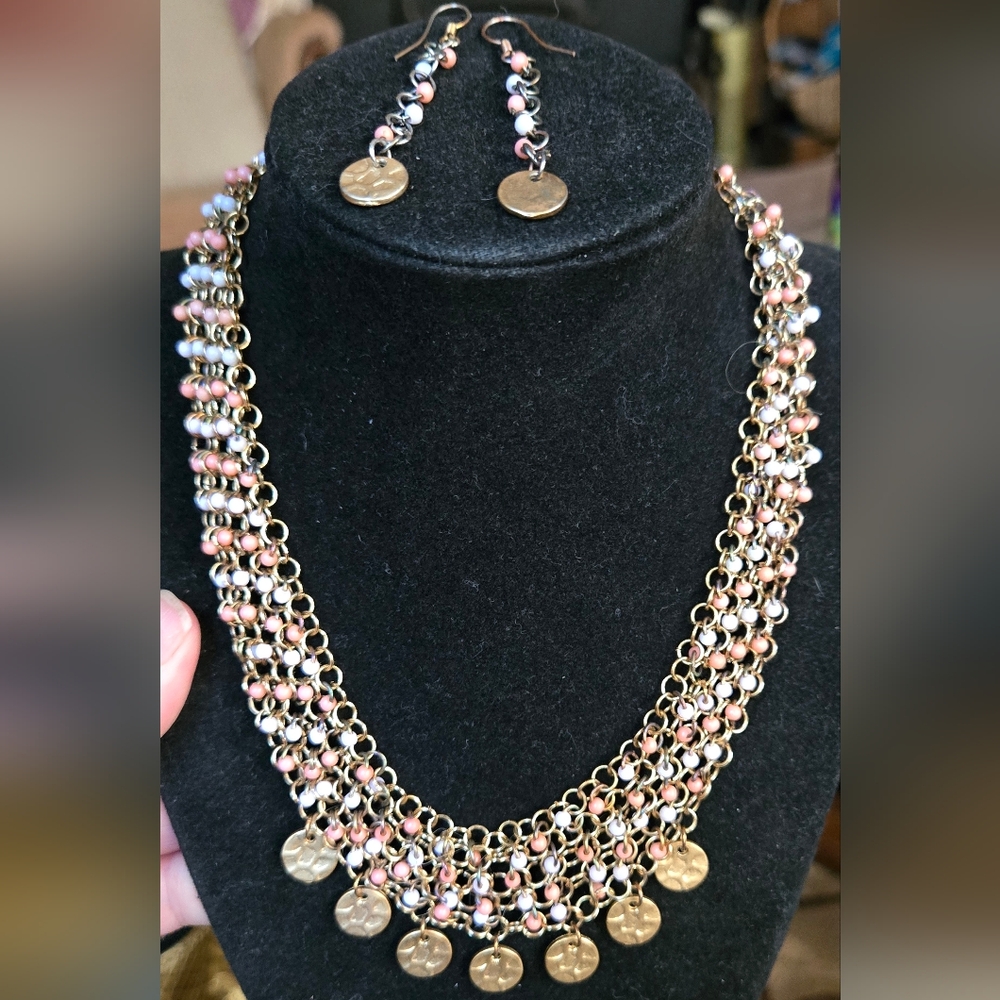 Handmade beaded peach & white statement necklace earrings set - Picture 3 of 8